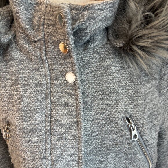 Nautica Gray Faux Fur Hooded Coat Lined Cinch Waist Women's Large - Picture 5 of 9